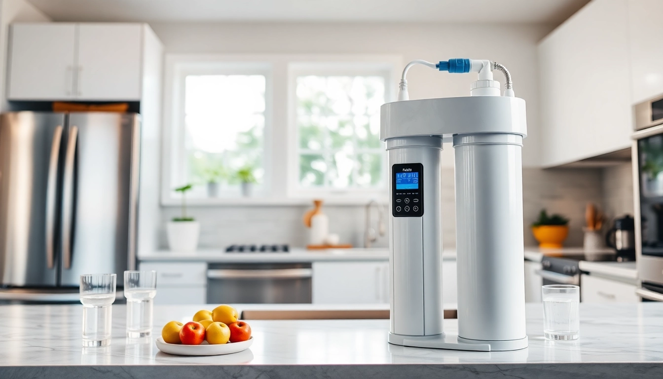 Installing a whole house water filtration system in a modern kitchen, showcasing cleanliness and efficiency.
