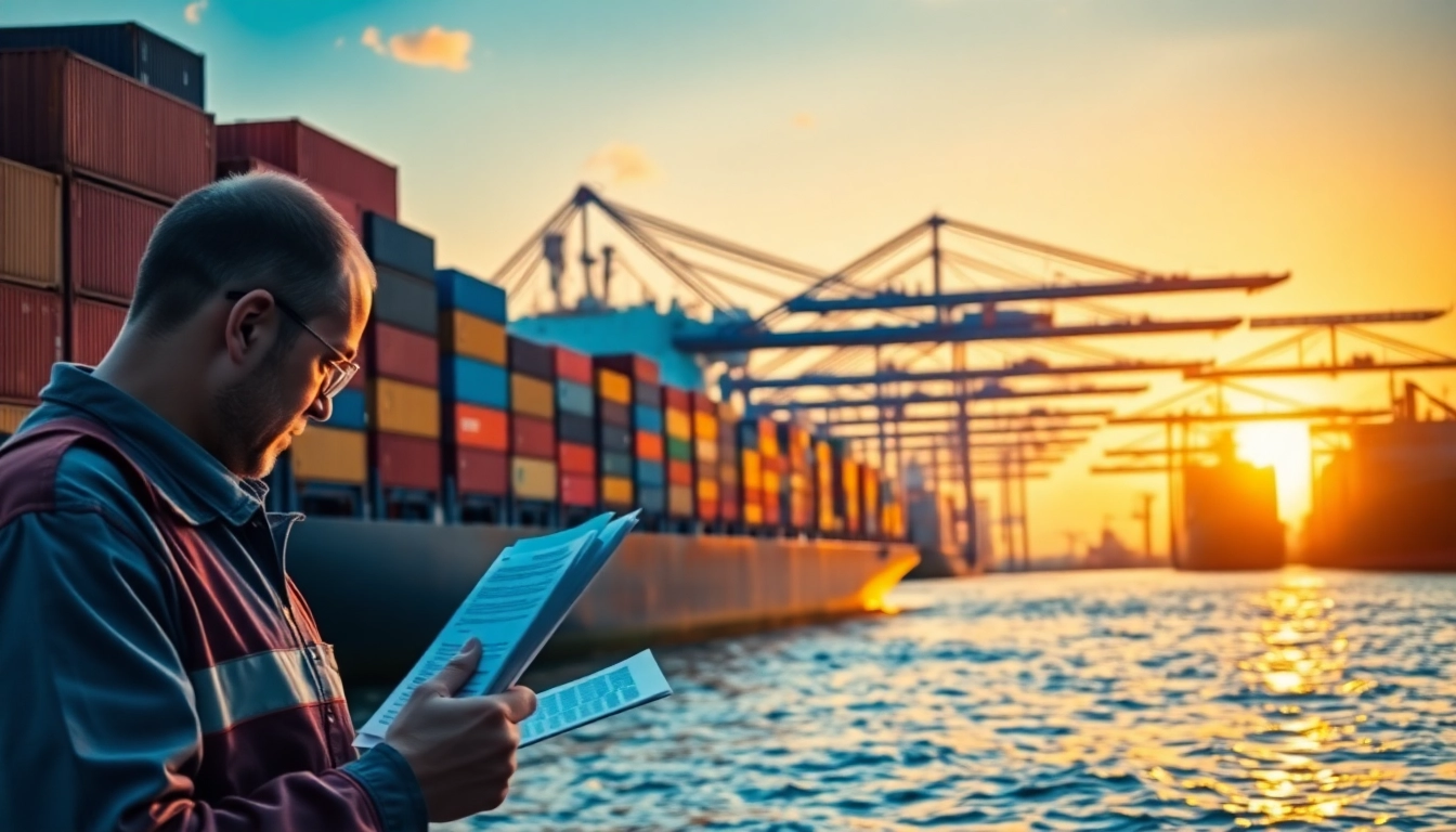 Export activities in a busy port with a worker checking cargo details.