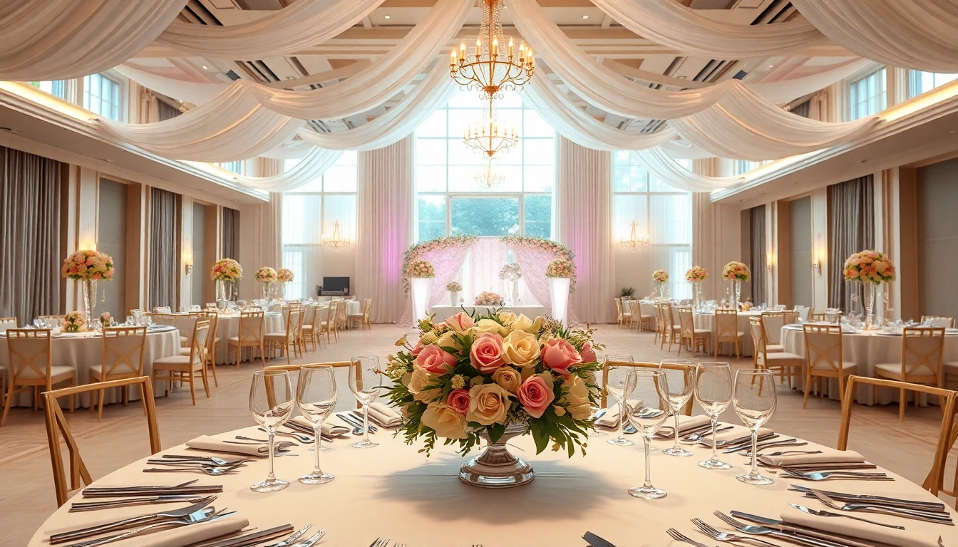 Showcasing elegance of le prestige hall with beautiful wedding decor and ambient lighting.