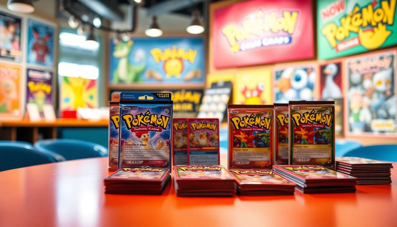 Showcase of Pokemon TCG in India with vibrant cards and booster packs on a table.