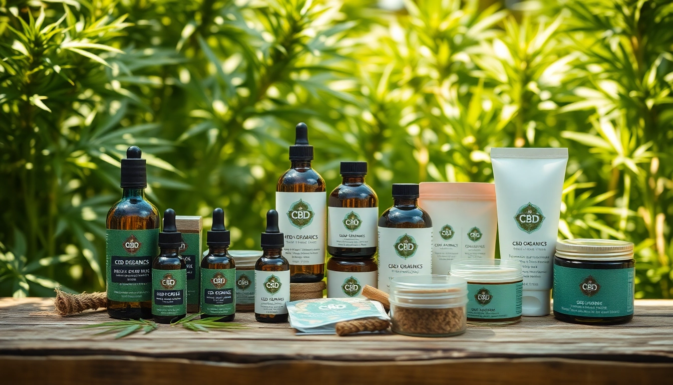 Cbd organics products arranged beautifully among lush greenery, promoting natural wellness.