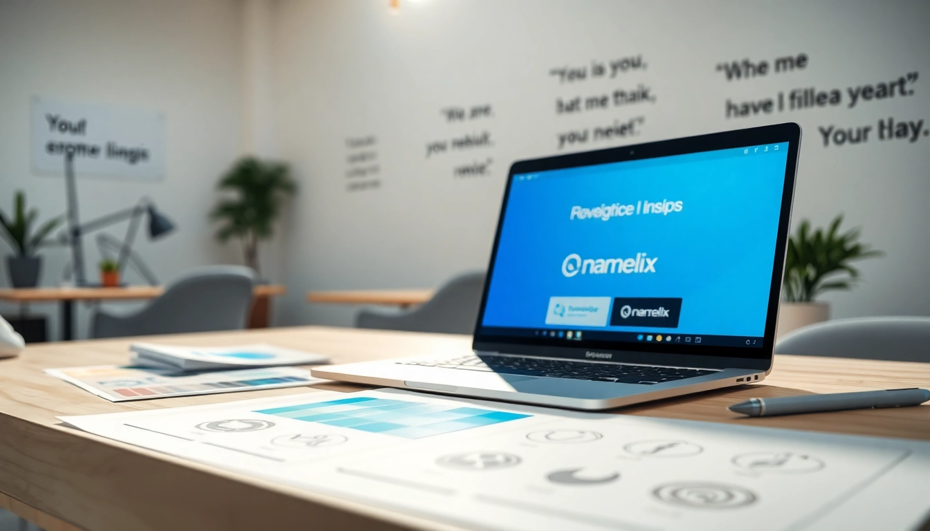 Namelix generating custom logos with creative designs on a modern desk setup.
