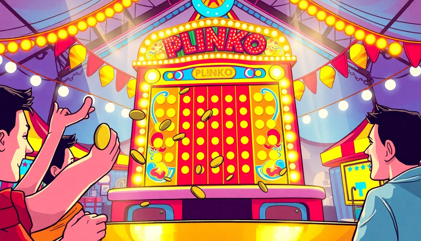 Permainan plinko yang menarik dengan pemain antusias yang menjatuhkan chip di papan.