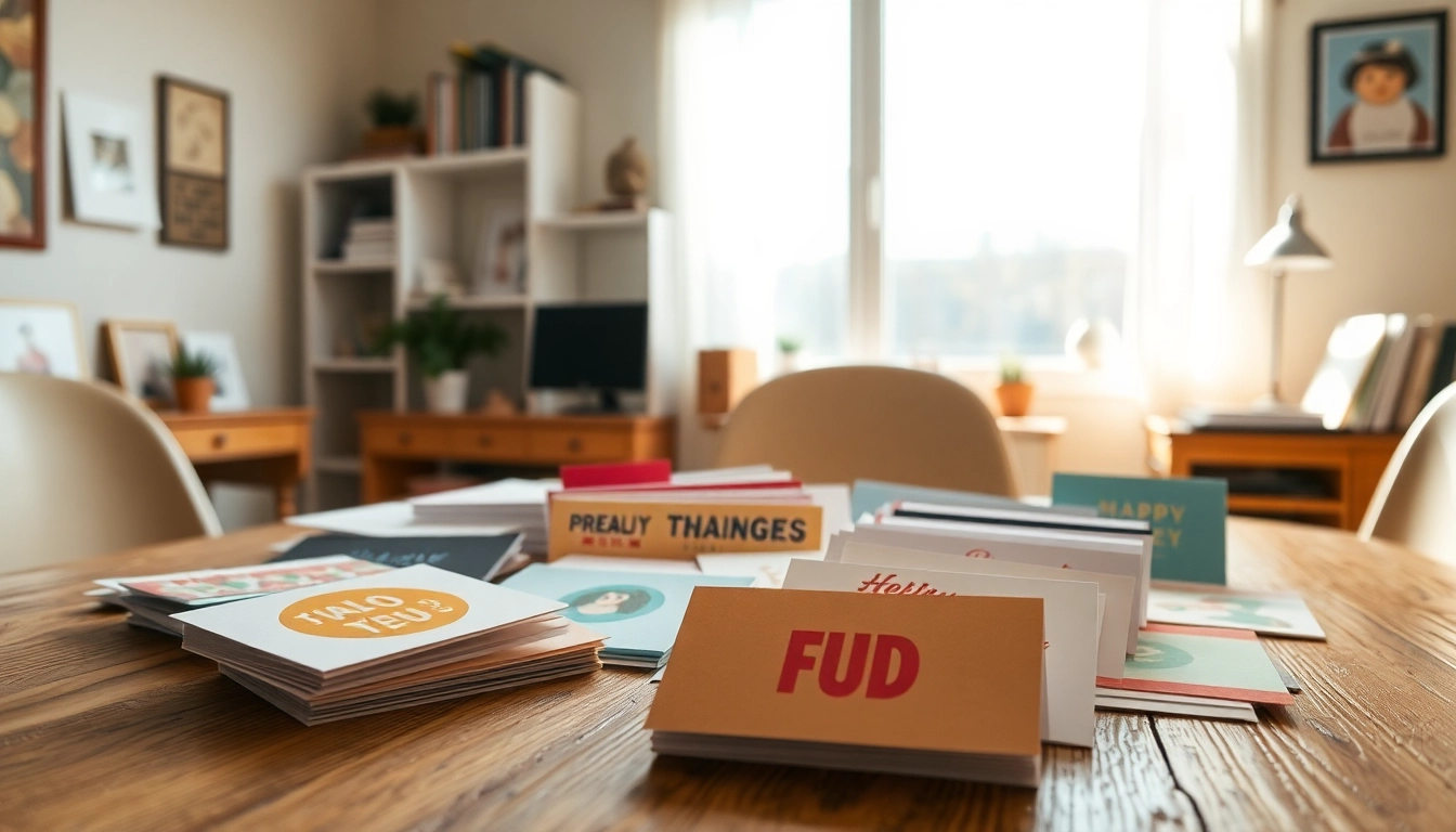 Custom-designed same day greeting cards displayed on a wooden table in a cozy setting.