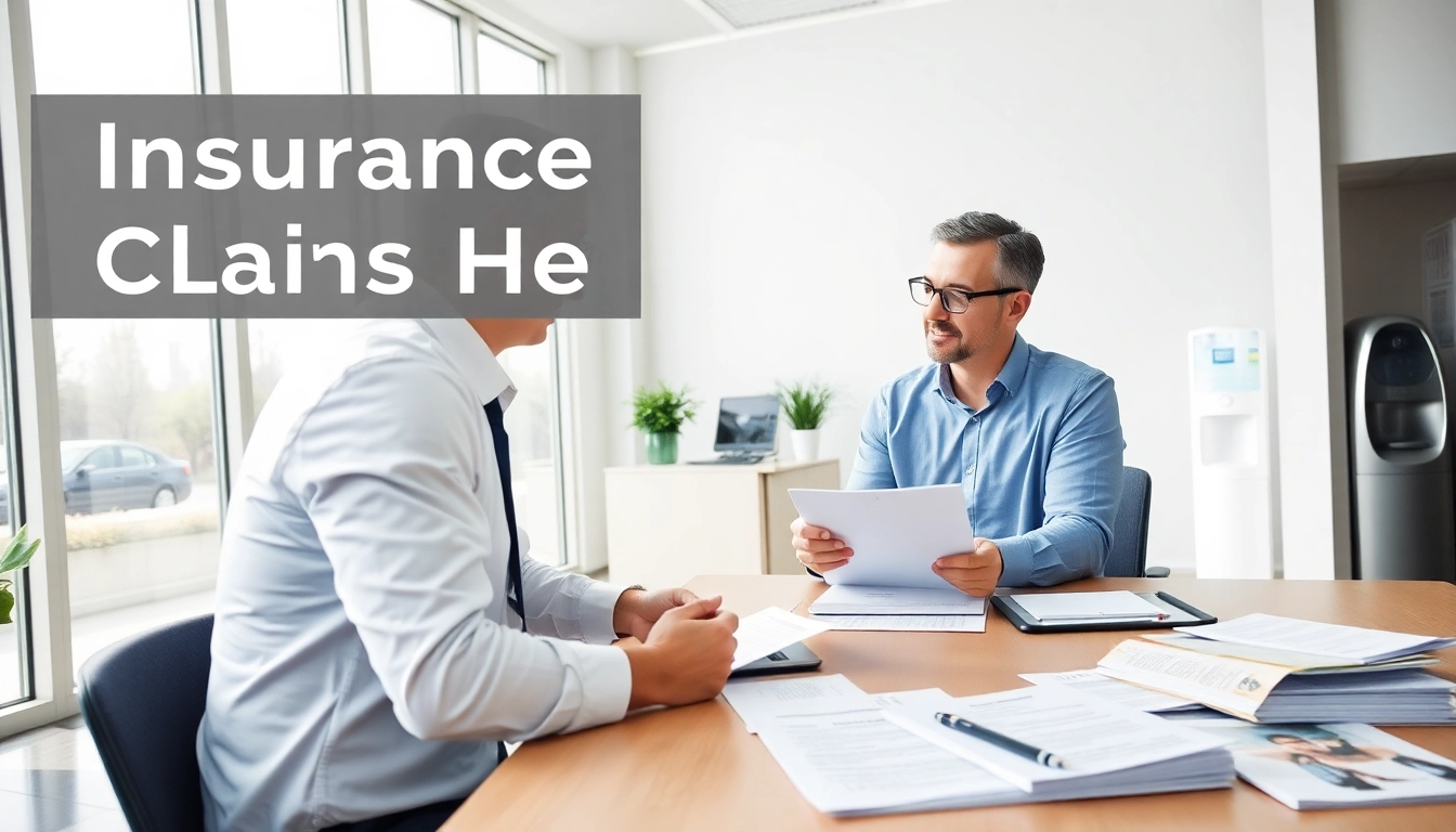 Insurance Claims Help: Professional consultation in a bright office with insurance paperwork.