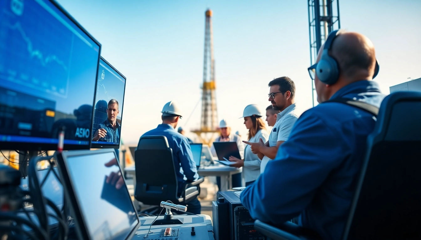 Engineers collaborating during a geosteering operation at www.geosteeringvision.com's advanced oil drilling site.