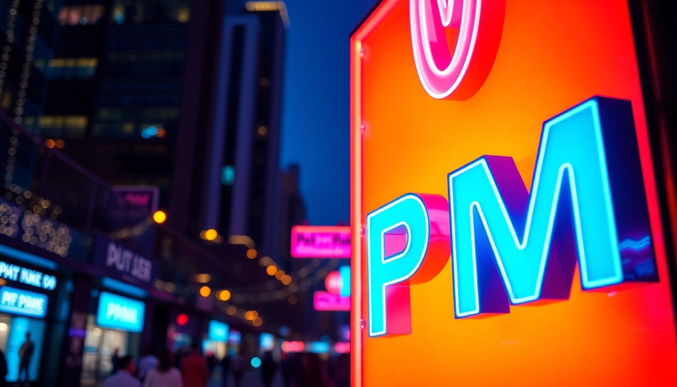 Bright pm signs lighting up a city street at dusk, showcasing vibrant neon colors in a lively urban scene.