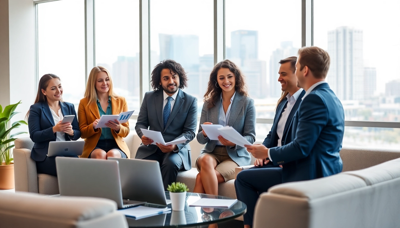 Quickplus Business Consultants team collaborating with clients in a vibrant office.