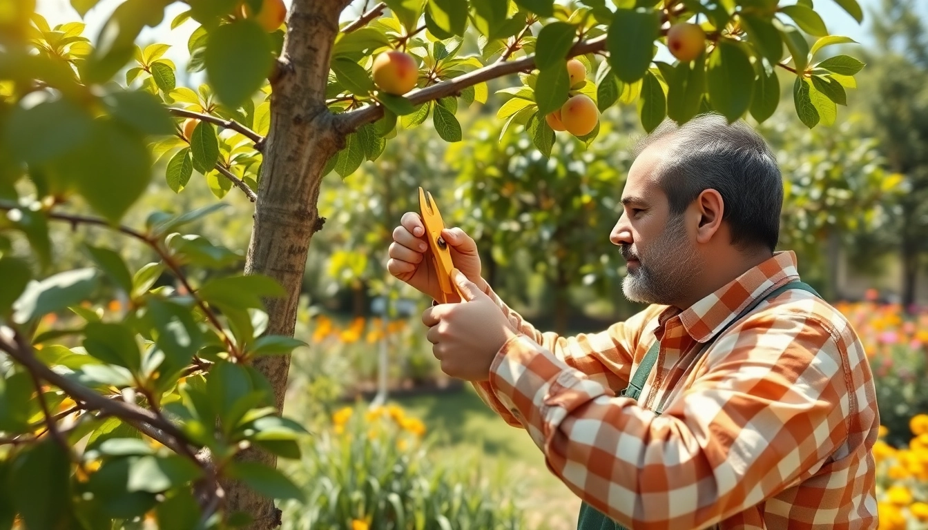 Snoeien van een fruitboom door een tuinier in een zonnige tuin met bloeiende planten.