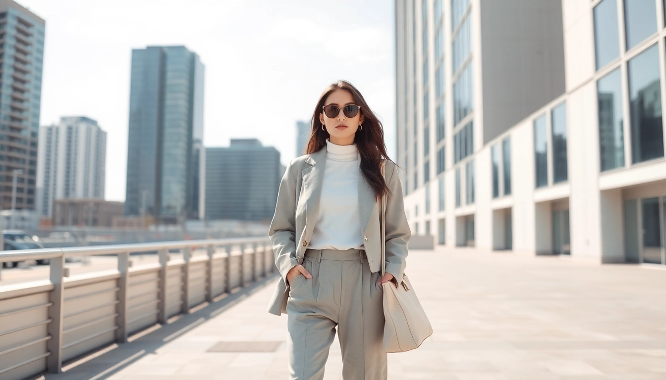 Wear minimalist trend-forward clothing that exemplifies sleek lines and understated elegance in a modern urban setting.
