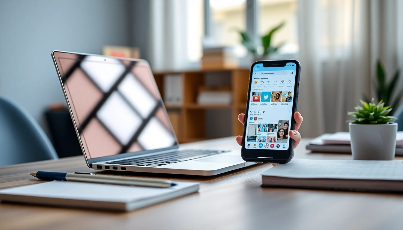 Visualize social media and blog automation in a professional digital marketing workspace, showcasing a laptop and smartphone.