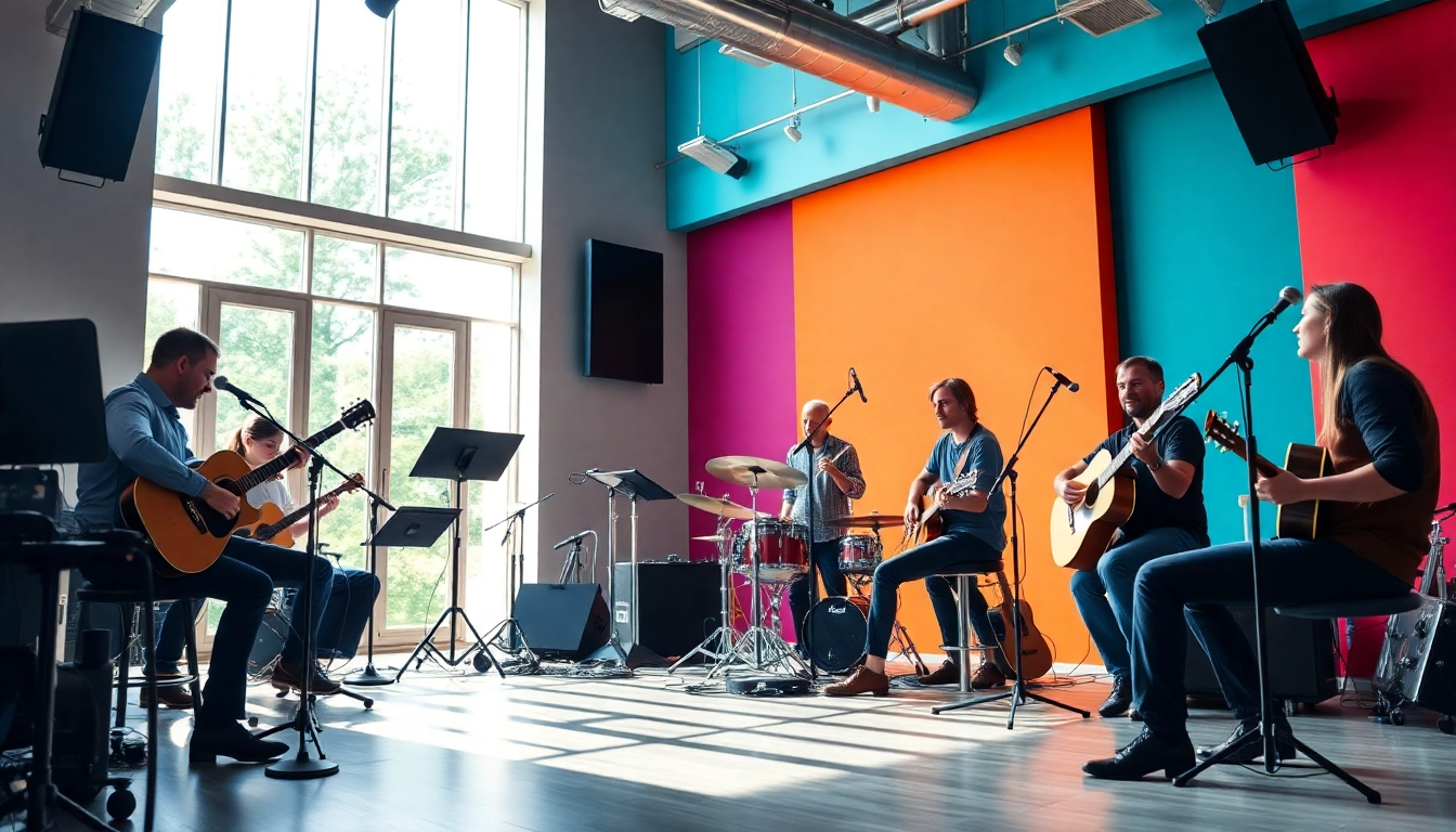 Musicians actively participating in music pitching, showcasing creativity in a bright studio.