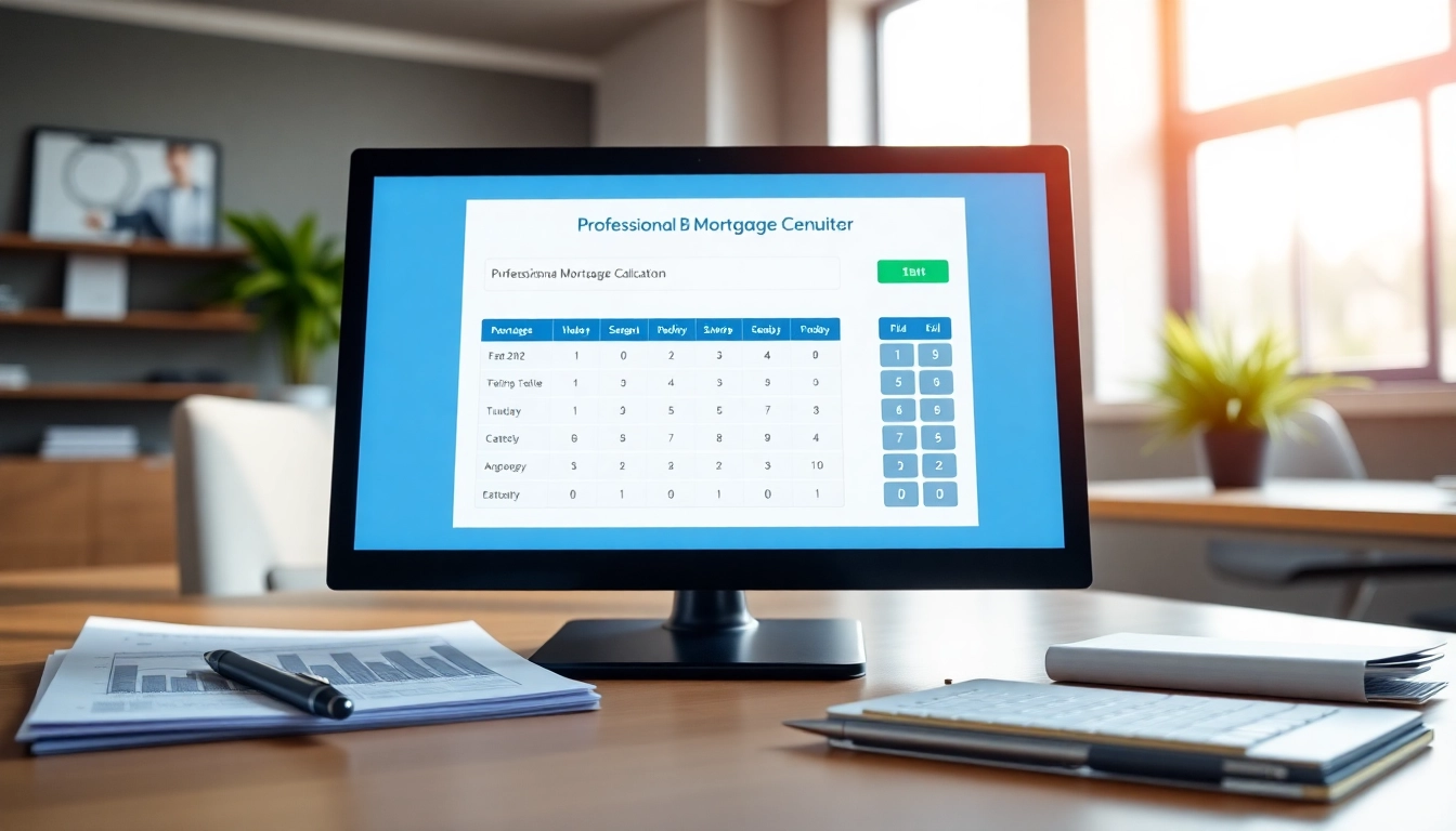 Calculate your monthly payments using the BC Mortgage Calculator in a professional office setting.