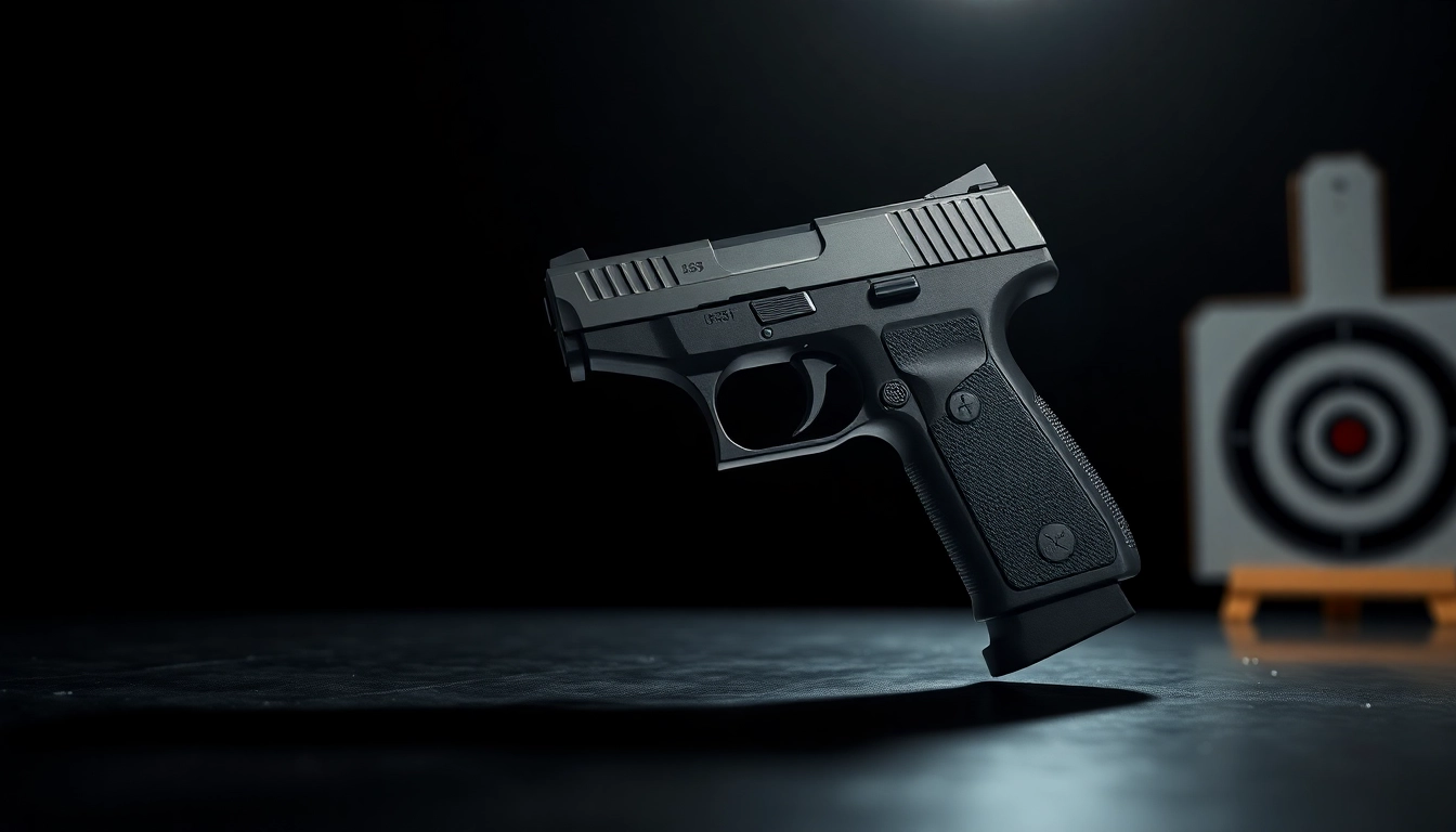 Showcasing a 9mm pistol with a sleek design and polished finish against a dark backdrop.