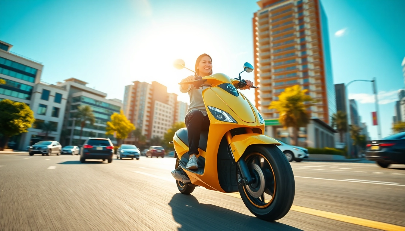 Rider enjoying a brisk ride on an electric scooter through a bustling city street.
