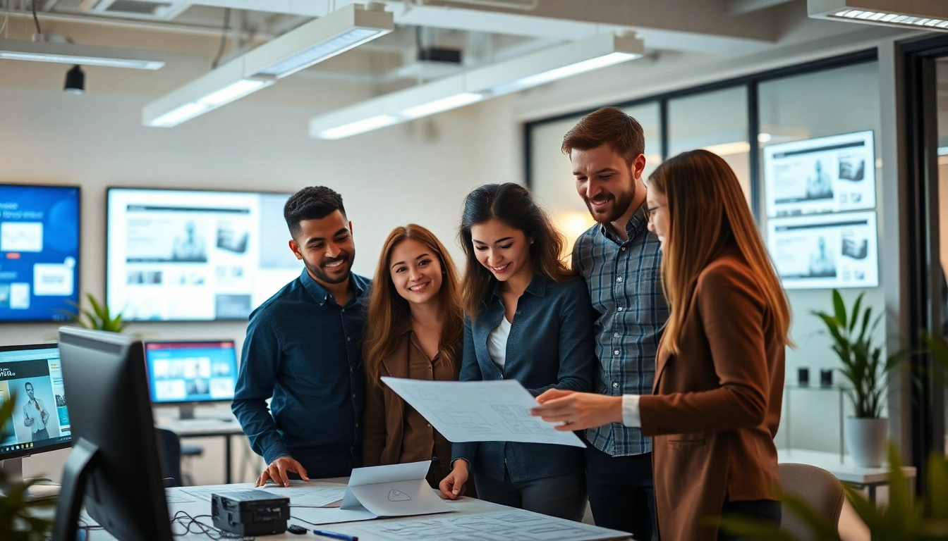 Creazione sito web agenzia con un team professionale che collabora in un ambiente luminoso.