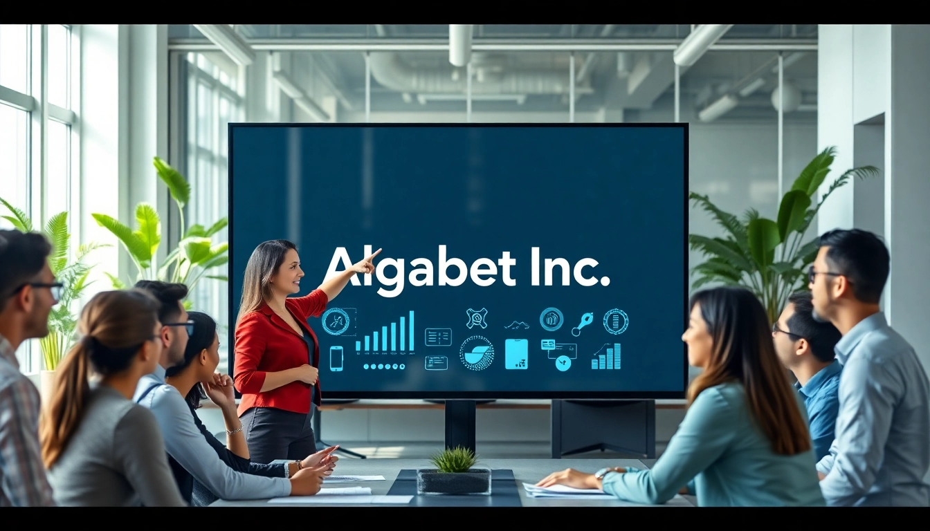 Analyze Alphabet Inc mission statement with a diverse team discussing its significance in a bright office setting.