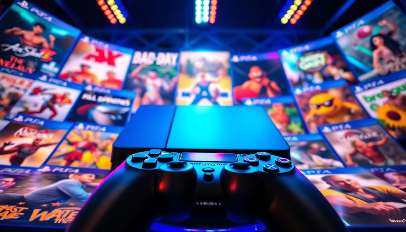 Explore the excitement of PS4 games with a dynamic gaming setup featuring game covers and controllers.