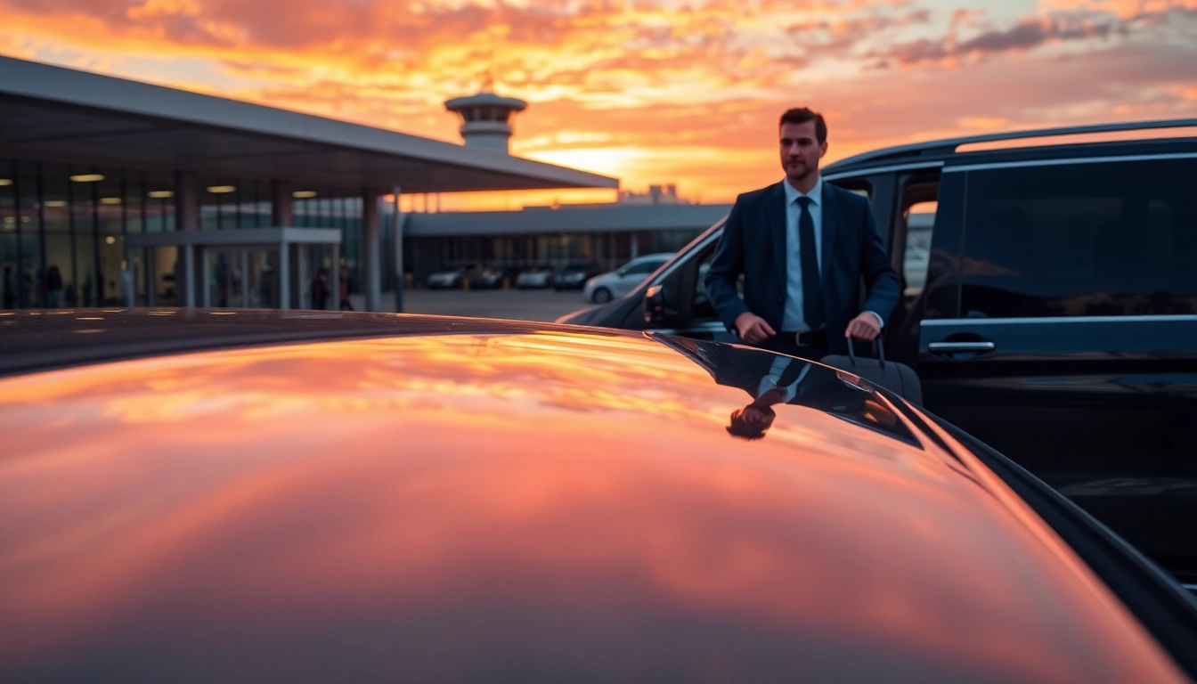 Experience seamless Airport transfers with a professional driver at a bustling airport terminal.