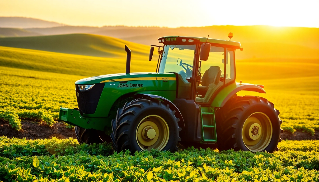 John Deere Traktor arbeitet in einem lebhaften, grünen Feld bei Sonnenuntergang.