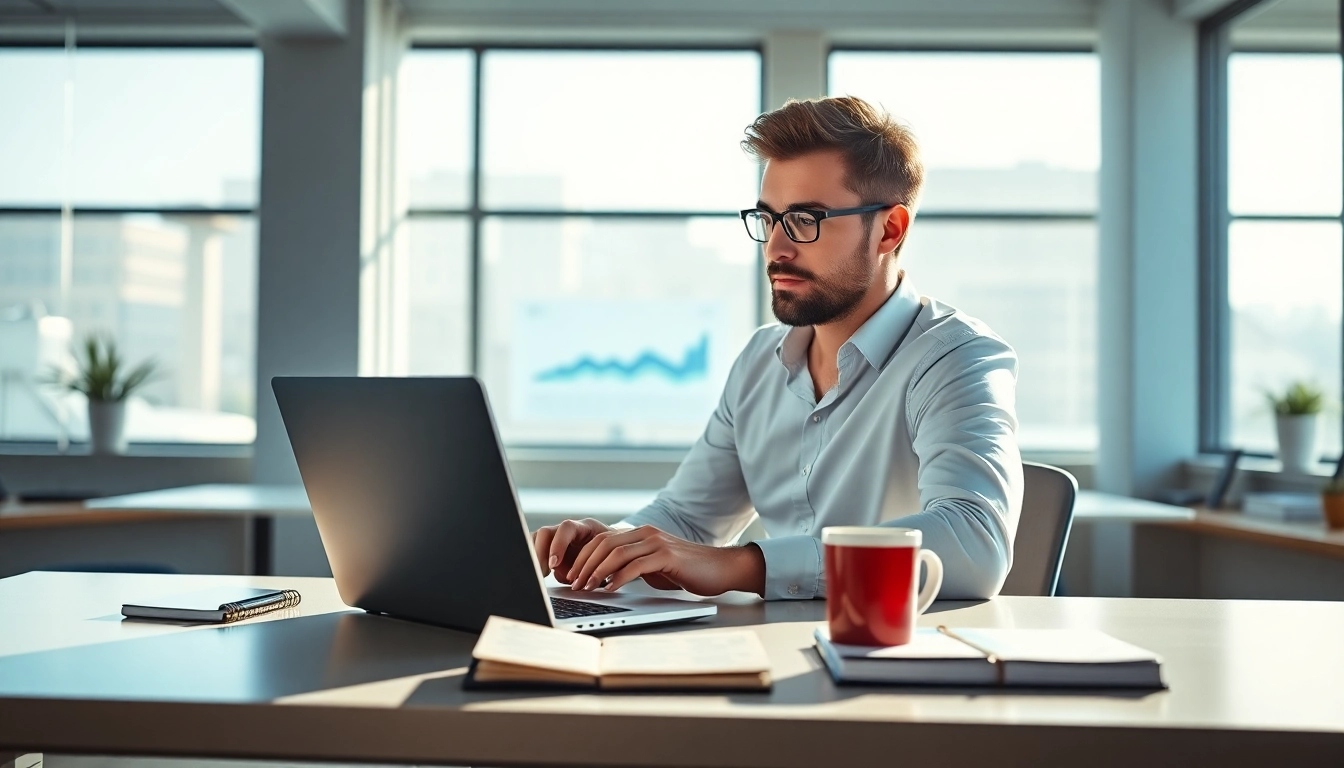 Launching a successful startup visualizes an entrepreneur at work in a modern office.