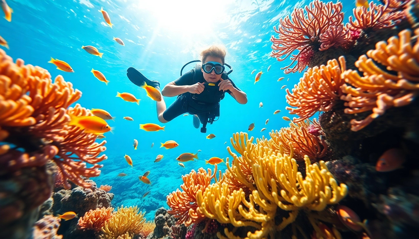 Engage in diving in San Pedro Belize with a diver exploring a vibrant coral reef filled with marine life.