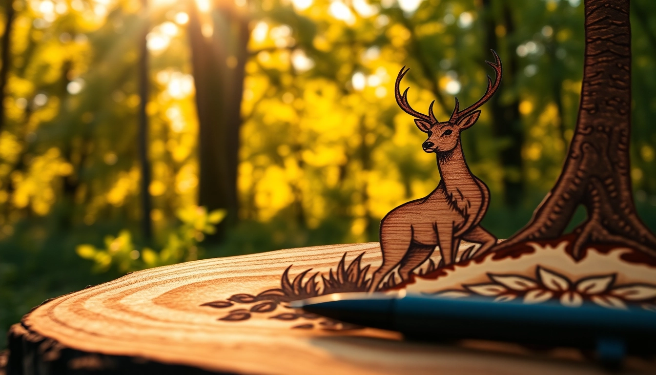 Creating art with wood burnt pictures featuring a majestic deer in a serene forest setting.