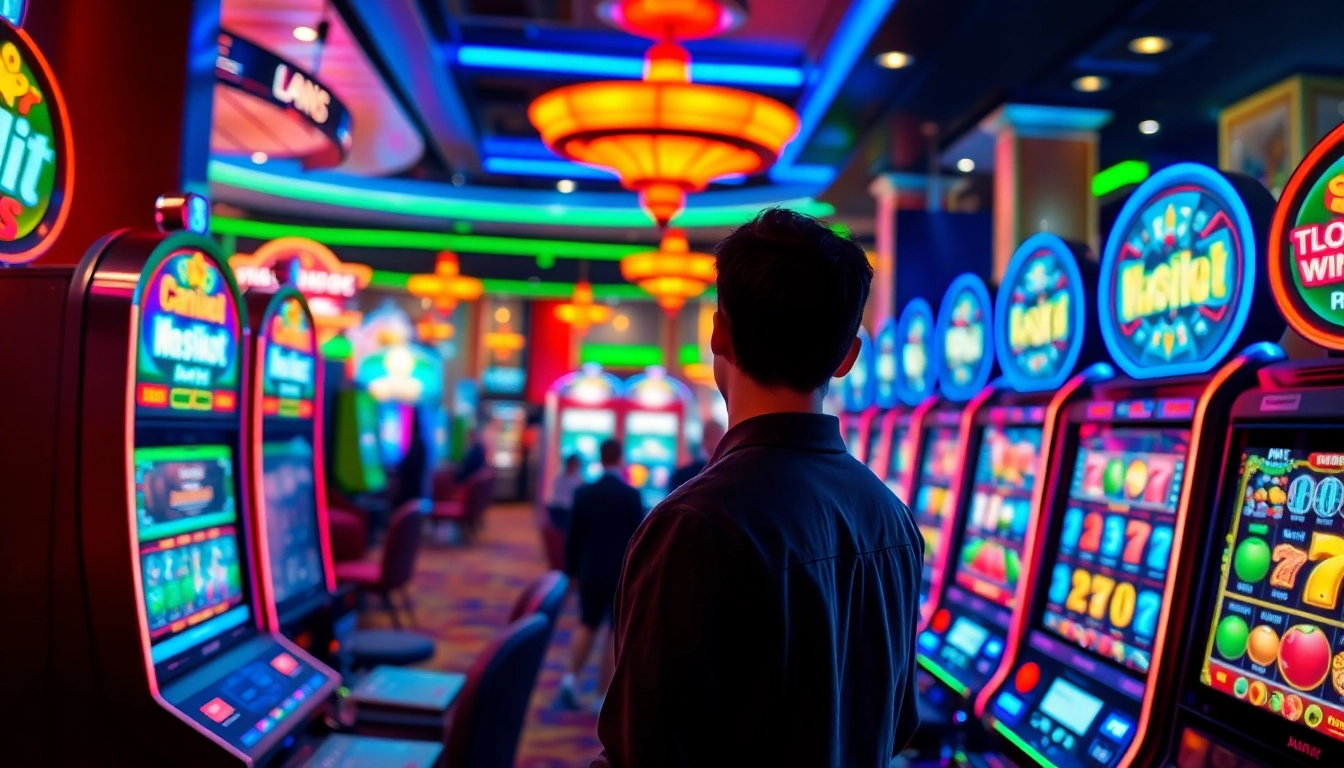 Slot QRIS yang menarik dengan pemain berinteraksi di mesin slot modern di kasino yang penuh warna.