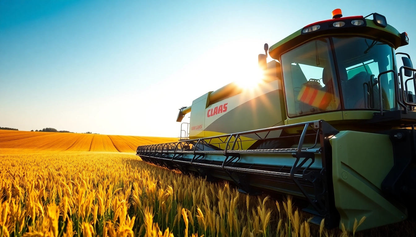 Claas Erntemaschinen am Feld während der Erntezeit im Hintergrund