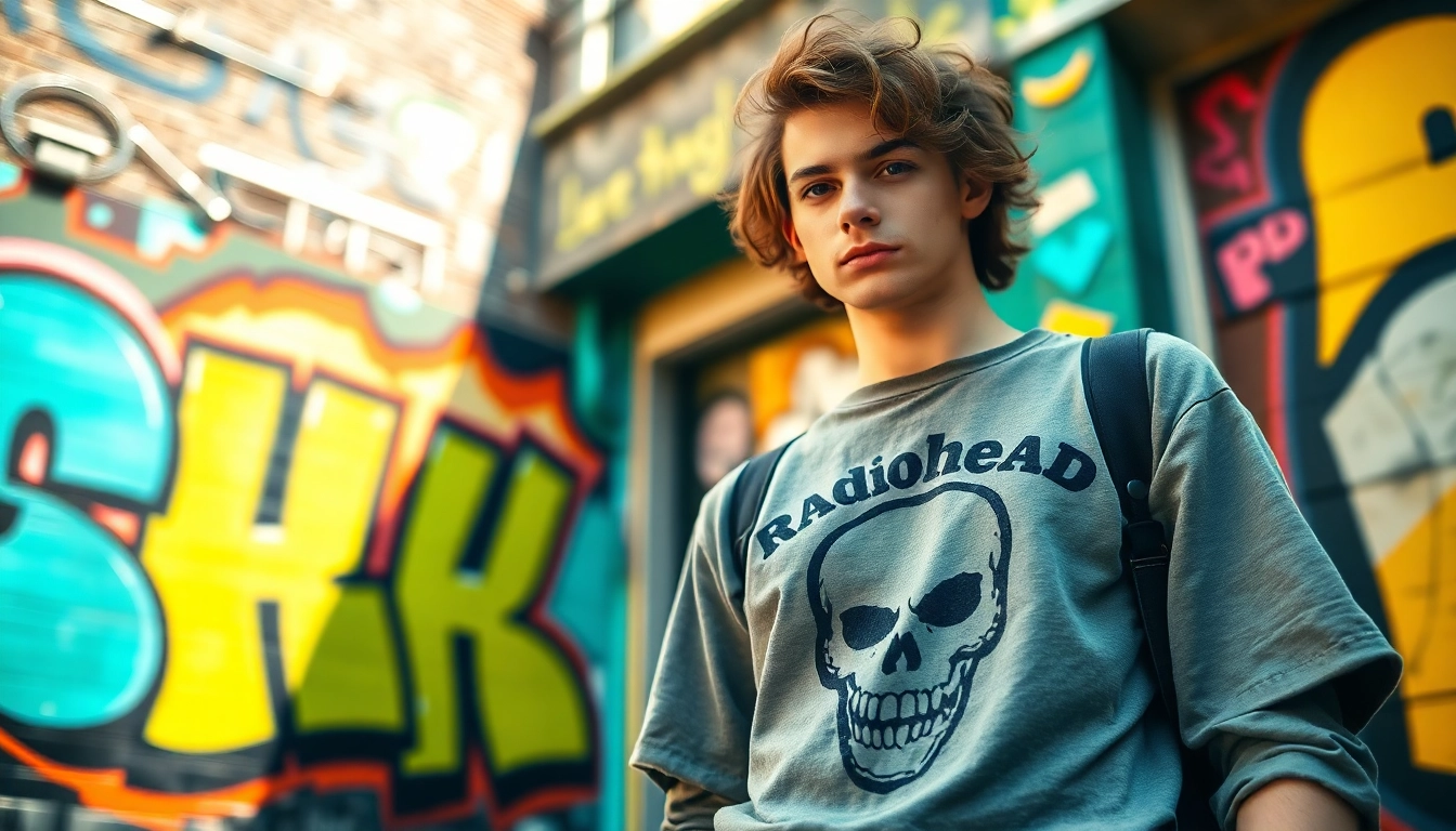 Wearing a unique Radiohead shirt in an urban setting with vibrant street art.