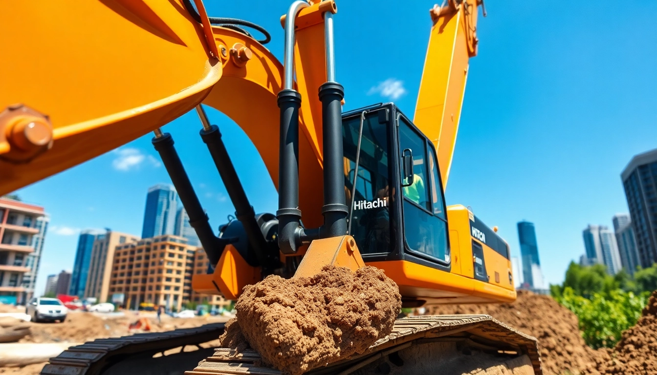 Hitachi excavator actively digging at a vibrant urban construction site with city buildings.