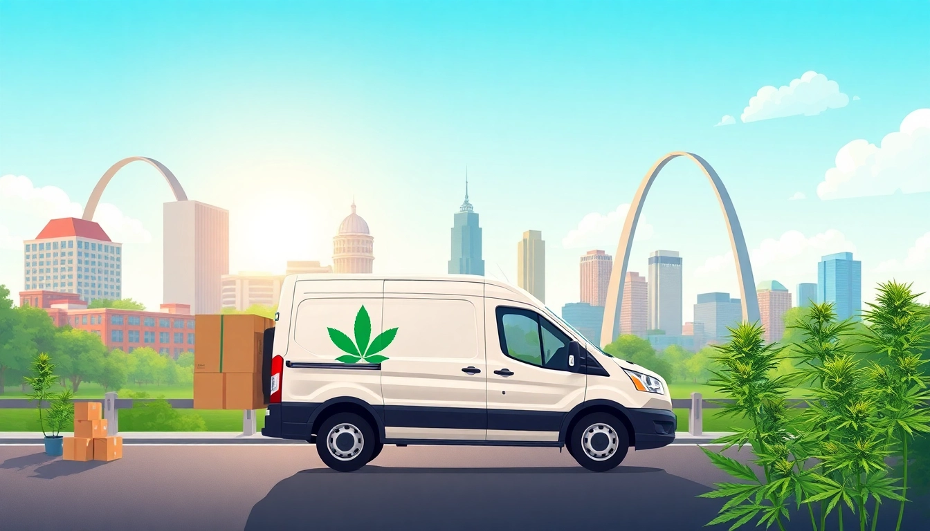 Cannabis Shipping to Missouri with delivery vehicles amid iconic landmarks and cannabis plants.