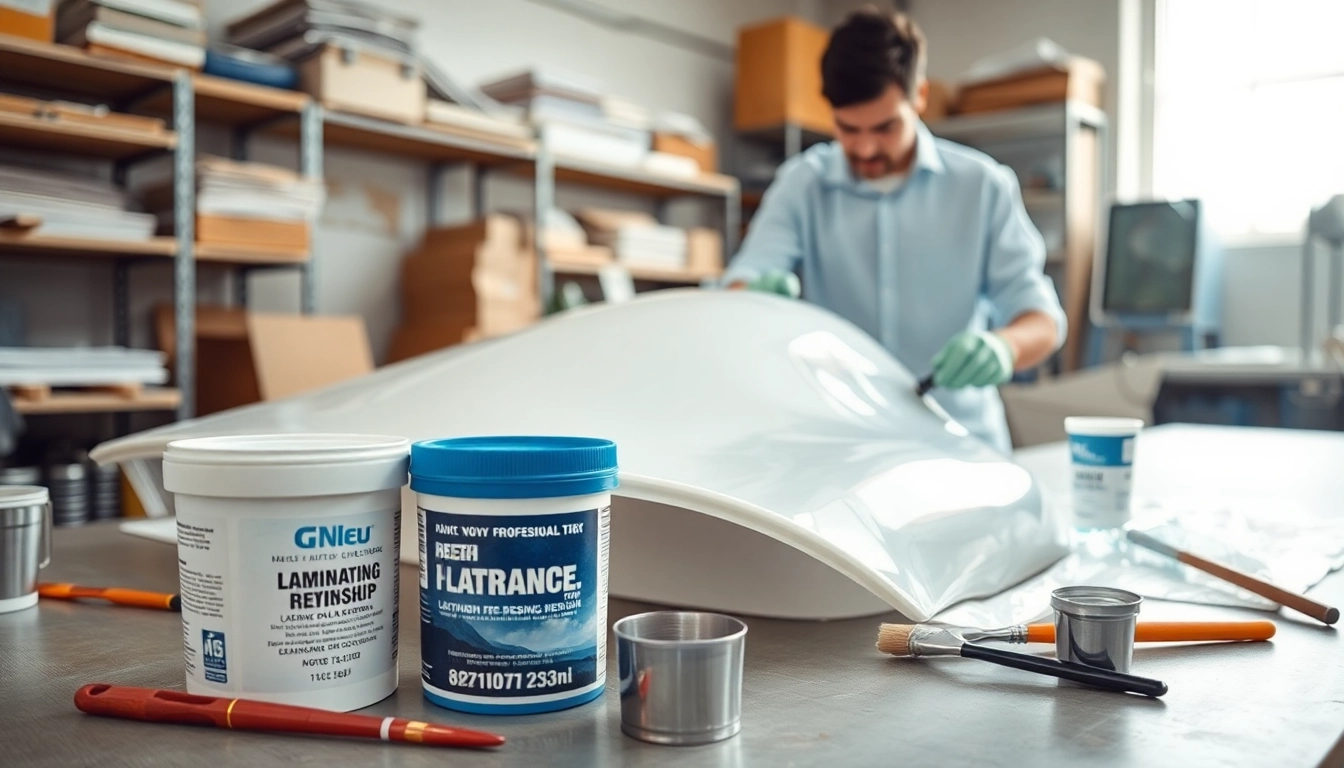 Applying laminating resin in a workshop, showcasing tools and fiberglass materials.