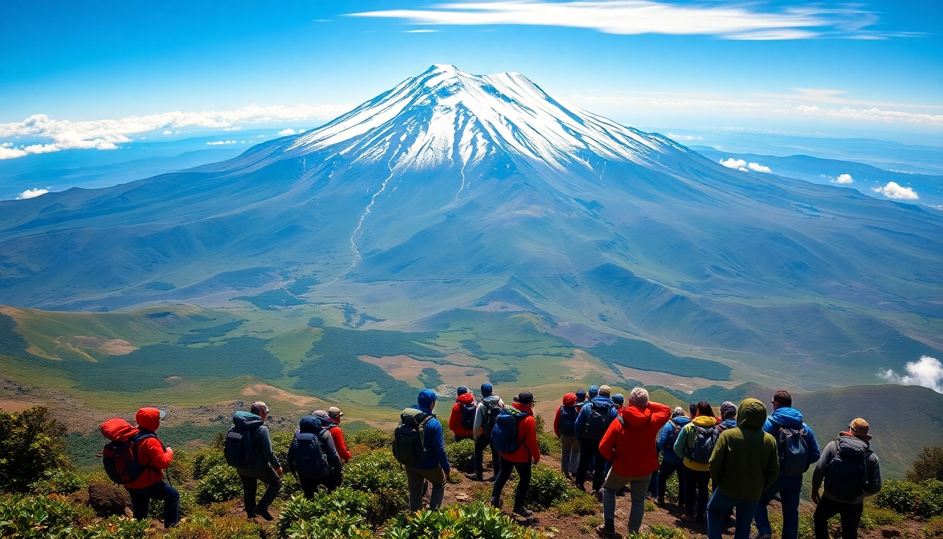 Dynamic group of Kilimanjaro Climbing Groups trekking together towards the summit against stunning landscapes.