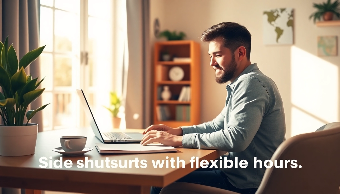 Engaging in side hustles with flexible hours while working in a cozy home office.
