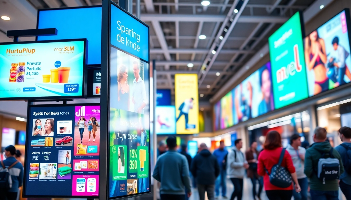 Engaging digital advertising boards showcased in a vibrant retail environment with dynamic advertisements.