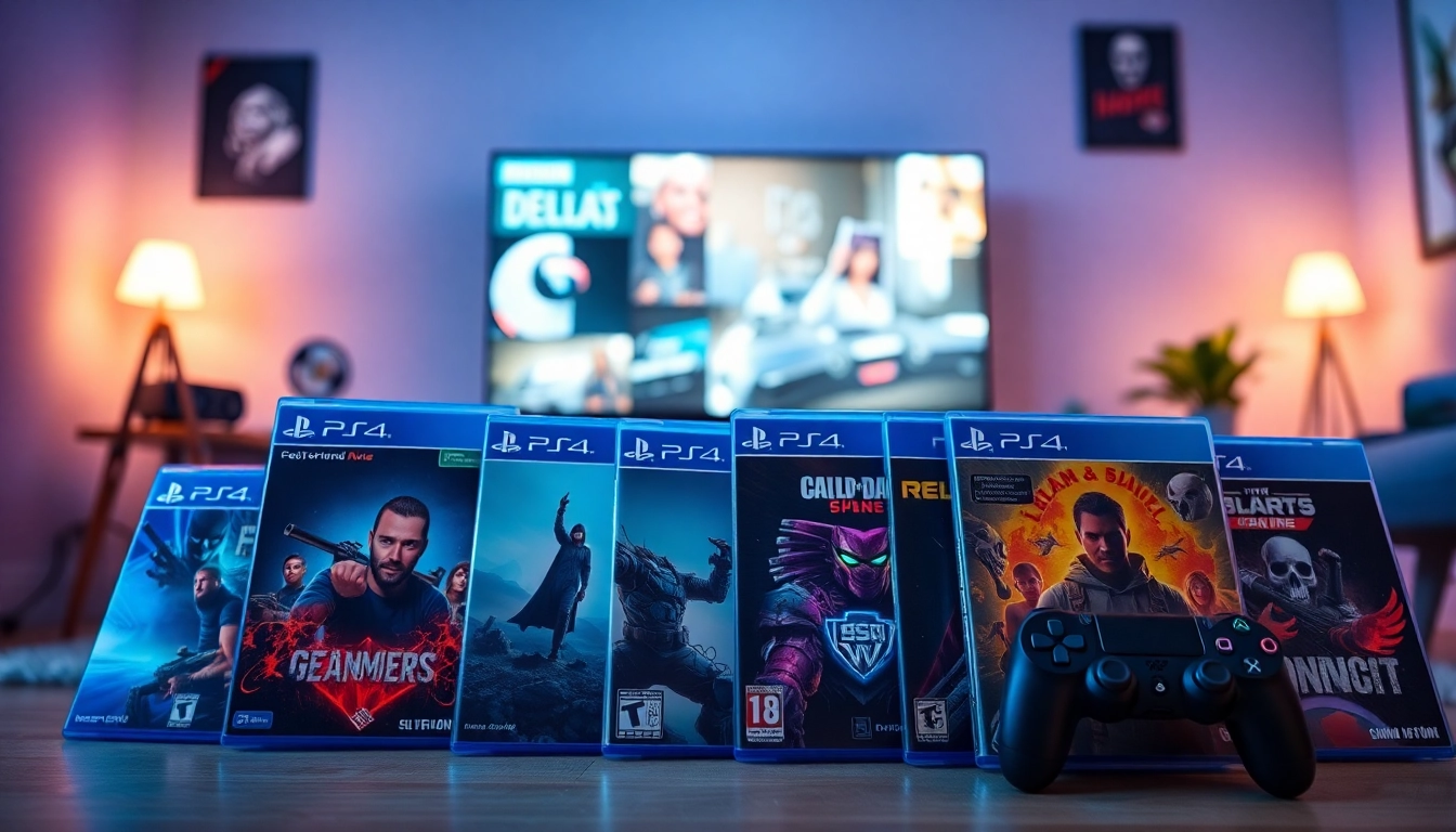 Showcase of popular PS4 games in a vibrant gaming setup with illuminated elements.