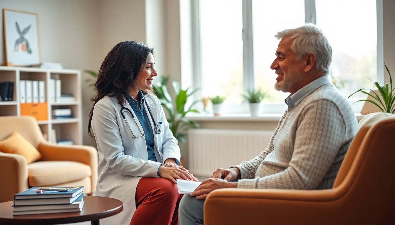 Engaging interaction with a 61psychiatrist in a tranquil therapy office, creating a comforting environment.
