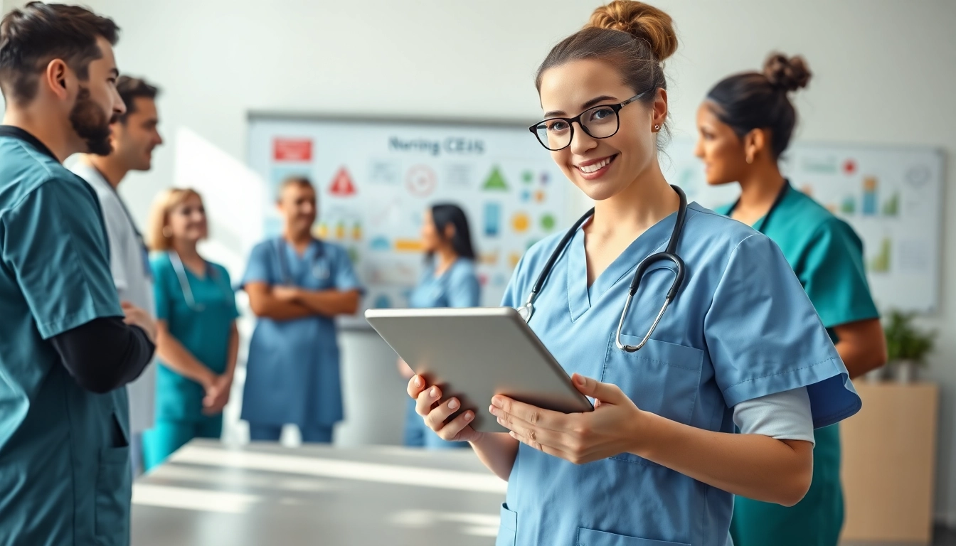 Nurses collaborating on nursing CEUs with tablets in a vibrant healthcare setting.