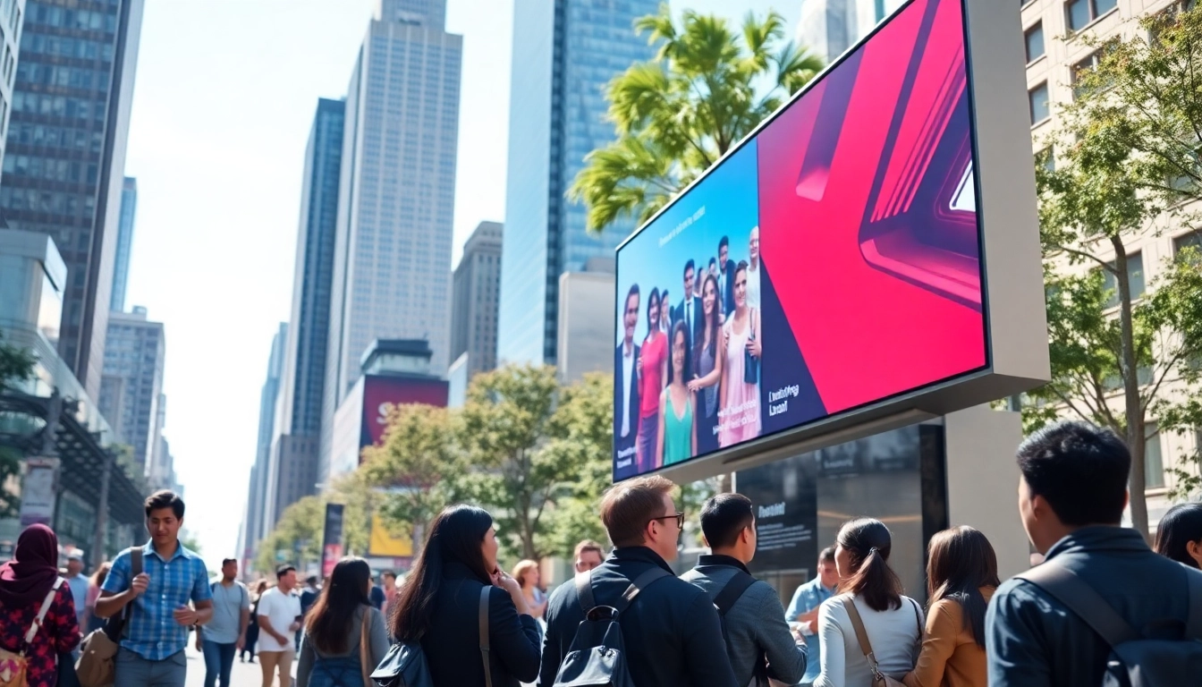 Engaging digital signage display in a lively urban area showcasing vibrant advertisements.
