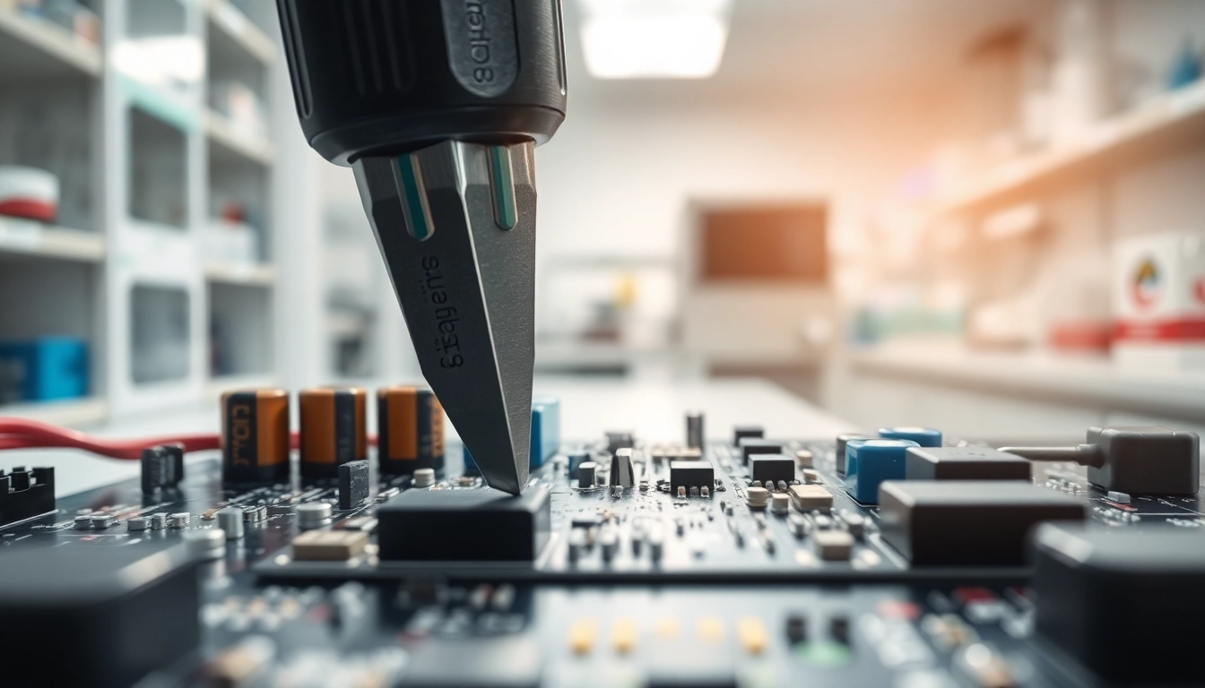 Depicting cross sectioning of an electronic circuit board, highlighting cutting tool in a professional lab environment.
