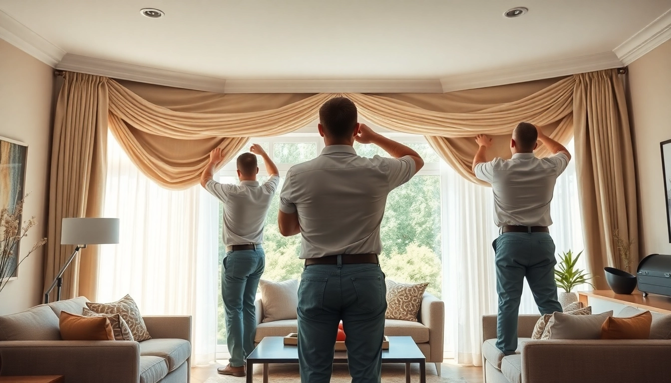 Curtain fitters expertly installing beautiful drapery in a bright living room setting.