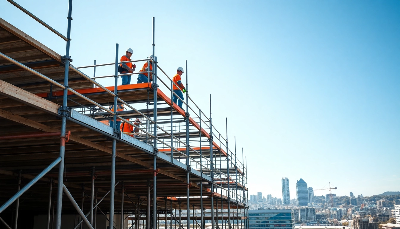 Engaged workers assembling Whangarei scaffolding on a vibrant urban construction site.
