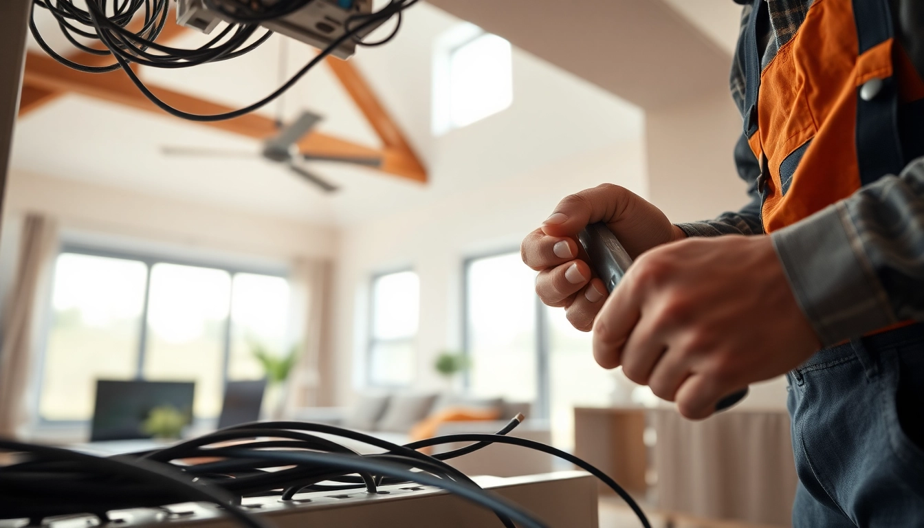 Electrician skillfully installing wiring in a modern home, showcasing expertise and precision.