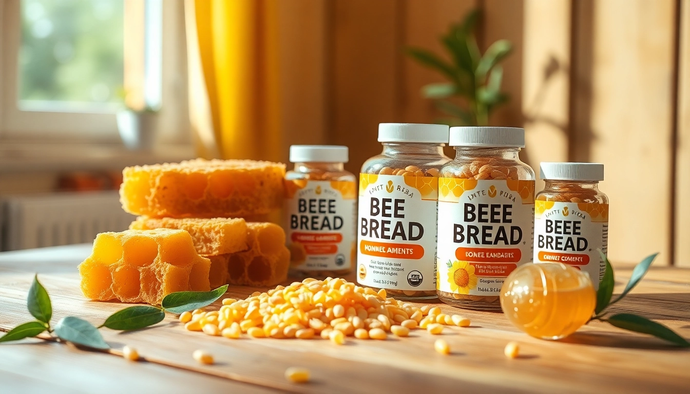 Showcase bee bread supplements next to honeycomb and pollen for healthy living.