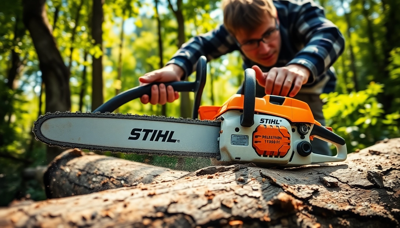 Stihl Kettensäge verwendet von einem Profi im Wald, der einen Baumstamm durchtrennt.
