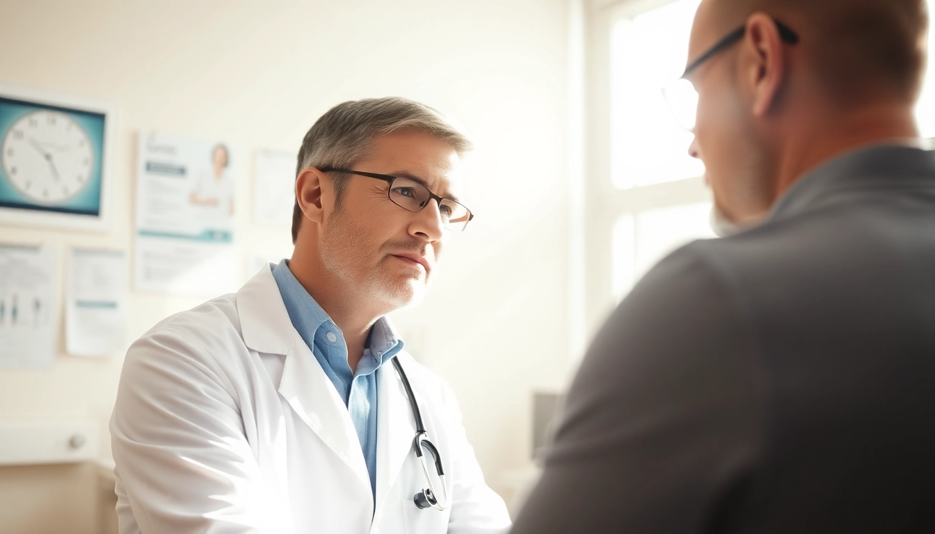 Engaging consultation on Testosterone Replacement Therapy between a doctor and patient in a clinic.