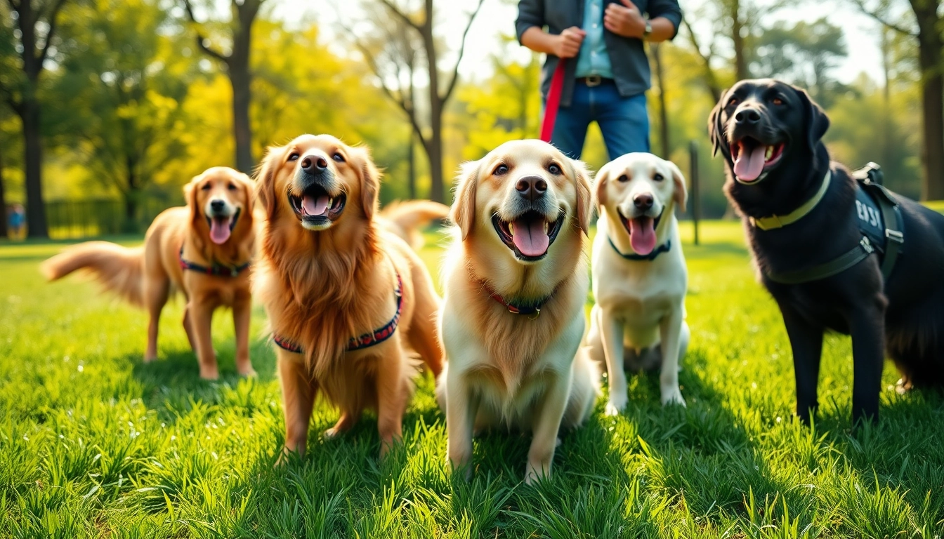 Observe service dogs for sale in a vibrant park scene, displaying companionship and training.