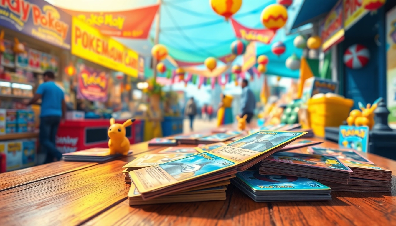 Engaging display of Pokemon tcg india cards surrounded by a lively marketplace atmosphere.