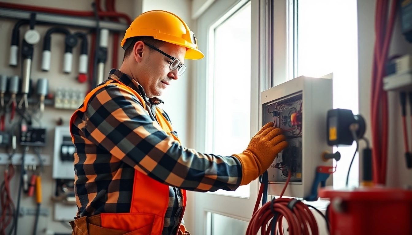 A skilled electrician repairing a residential electrical panel with safety gear in a well-lit environment.